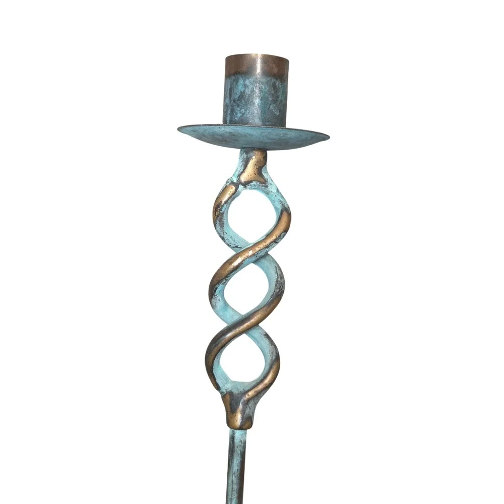 Vintage Brass Turquoise Verdigris Patina Candlestick Holder Twisted Helix 13 in.